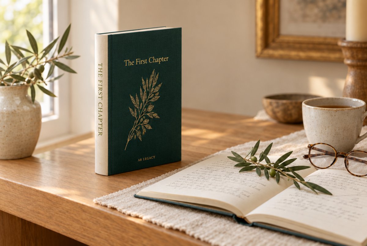 The First Chapter journal in deep green linen with a gold olive branch, standing on a sunlit desk beside an open journal