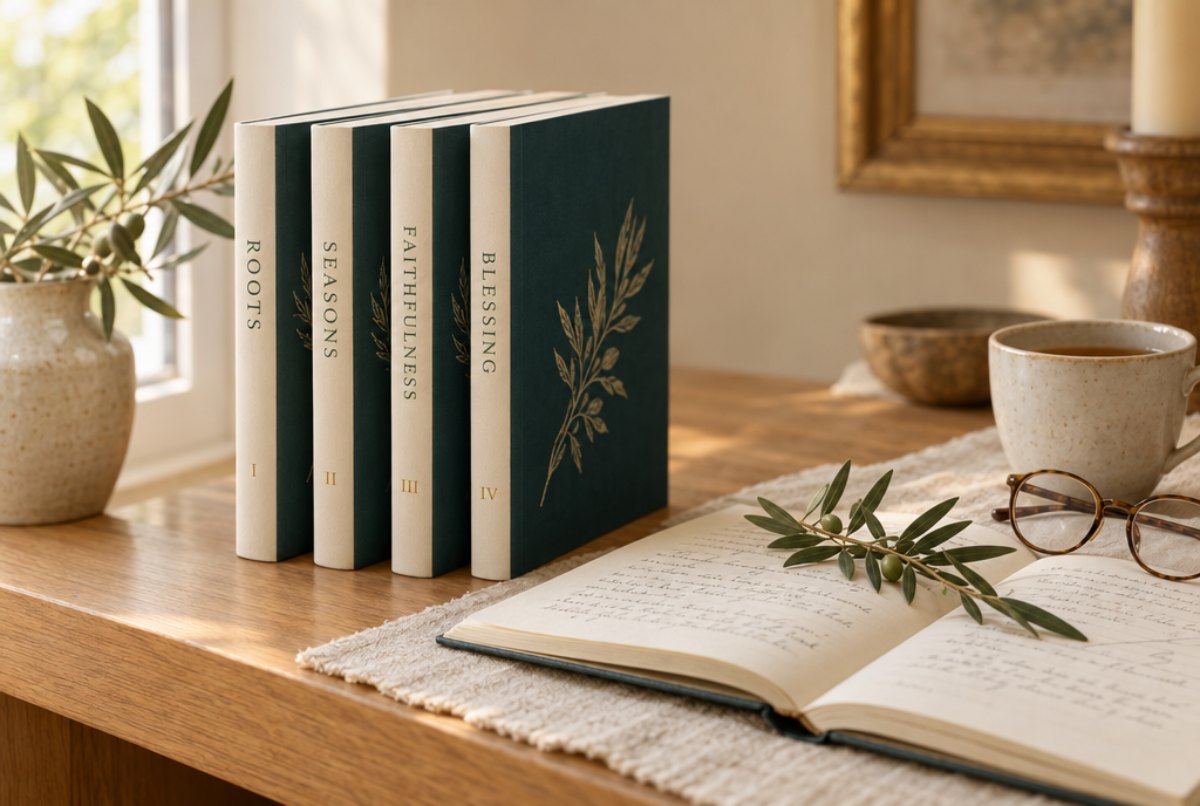 The four Deep Roots, Wide Branches journals, Roots, Seasons, Faithfulness and Blessing, standing on a desk beside an open journal